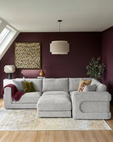 Lynetta natural grey chenille small corner sofa with footstool