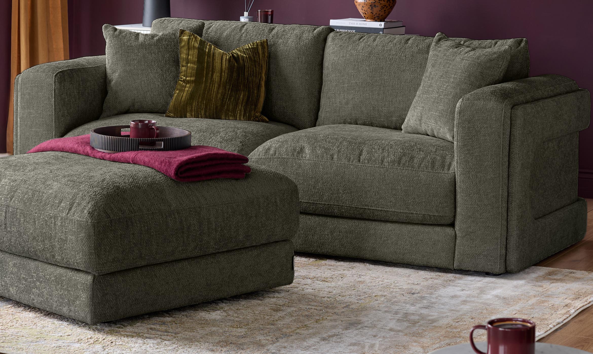 Lynetta dark green chenille 3 seater sofa with footstool