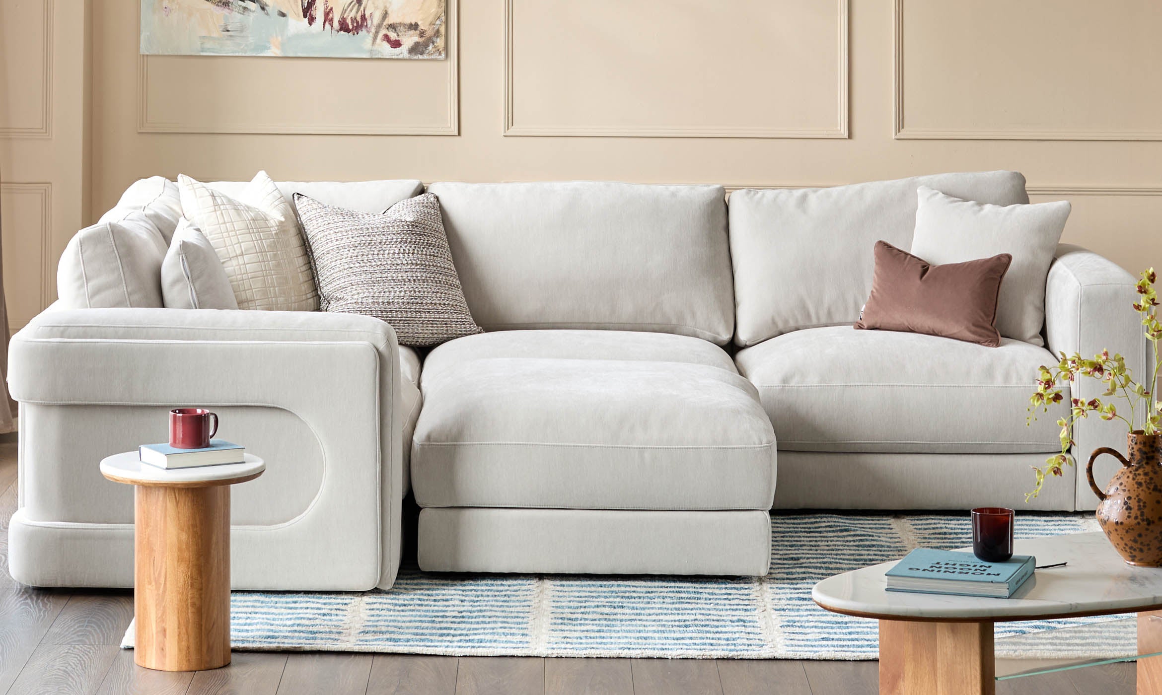 Lynetta natural grey chenille small corner sofa with footstool