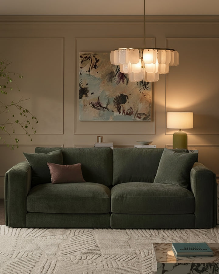 Lynetta 3-seater sofa in dark green weave fabric, displayed in a modern living room with pendant lighting.