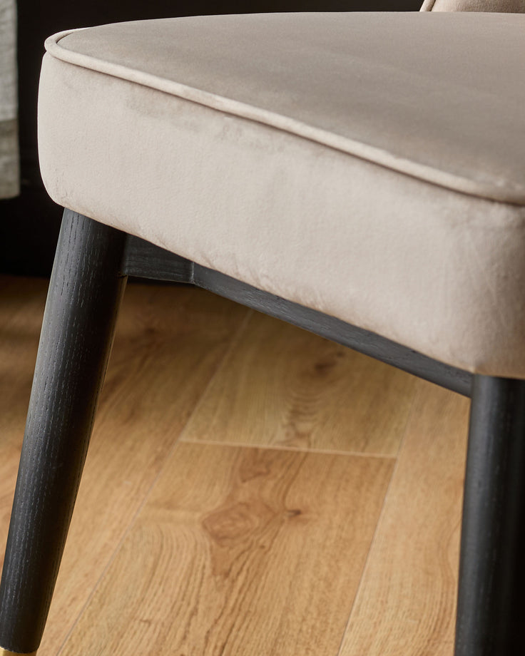 Mae velvet dining chair in champagne, side view showing curved seat and dark wooden legs on wood flooring.