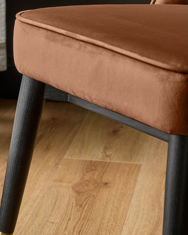 Mae velvet dining chair in rust, shown from a side angle with dark wooden legs on wooden flooring.