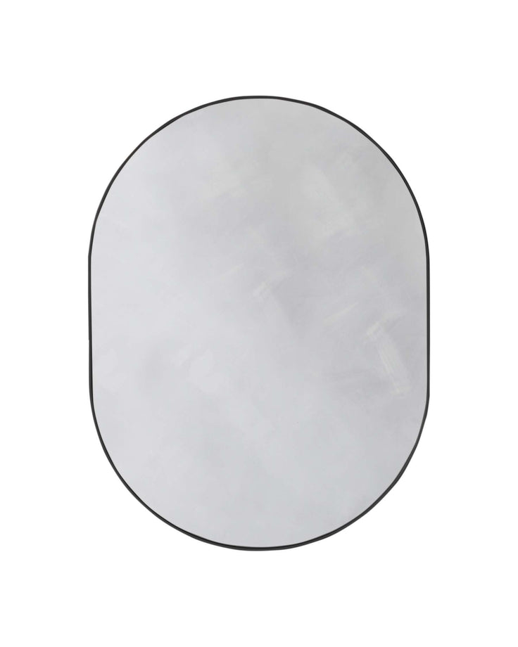 Modern round tabletop with a marble-like finish and a subtle grey veining pattern, featuring a thin black edge detail.