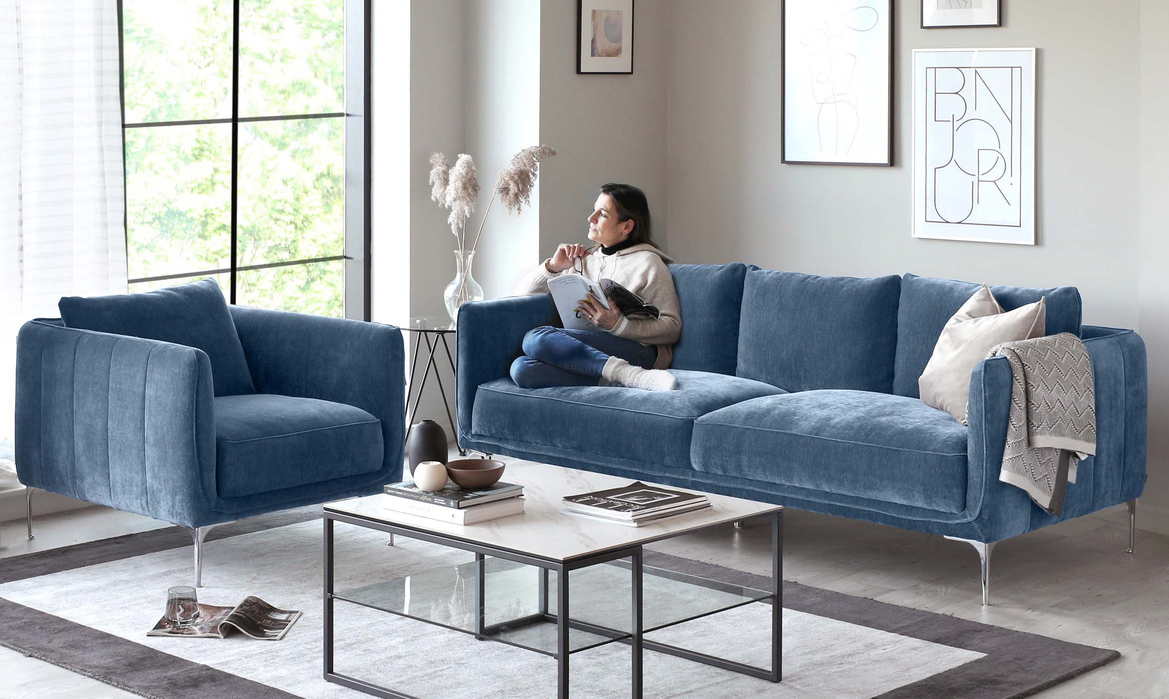 Margot Blue Fabric 3 Seater Sofa and Armchair