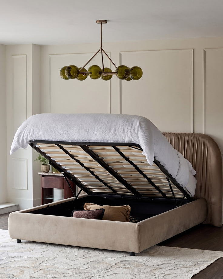 Marley champagne velvet king size ottoman storage bed
