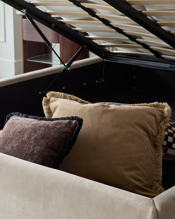 Marley champagne velvet king size ottoman storage bed