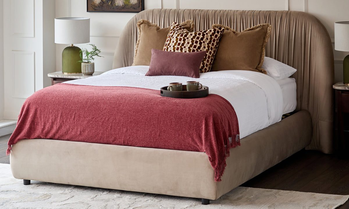Marley champagne velvet king size ottoman storage bed