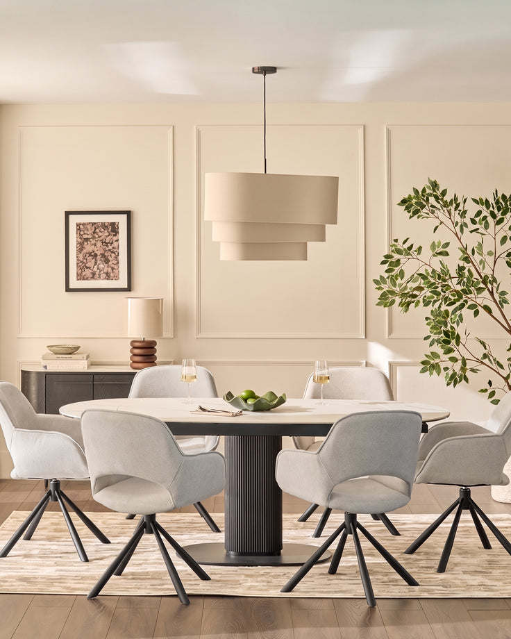 Marlow Swivel Black Metal Dining Chairs Light Grey Boucle