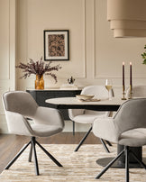 Marlow Swivel Black Metal Dining Chairs Light Grey Boucle