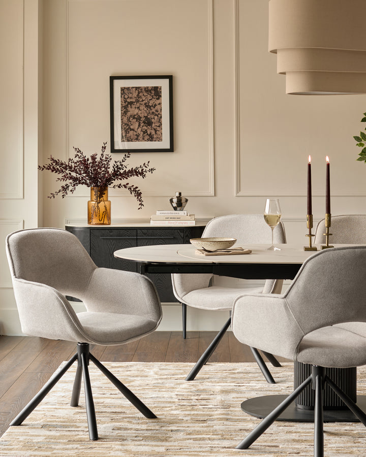 Marlow Swivel Black Metal Dining Chairs Light Grey Boucle