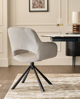 Marlow Swivel Black Metal Dining Chairs Light Grey Boucle