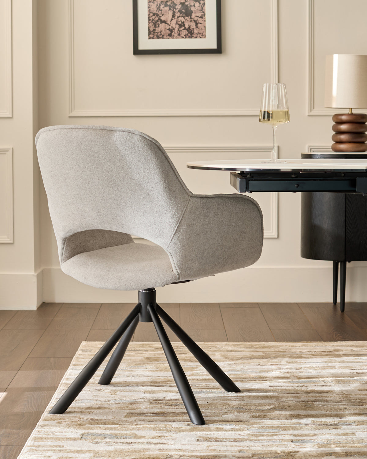Marlow Swivel Black Metal Dining Chairs Light Grey Boucle