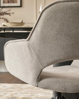 Marlow Swivel Black Metal Dining Chairs Light Grey Boucle