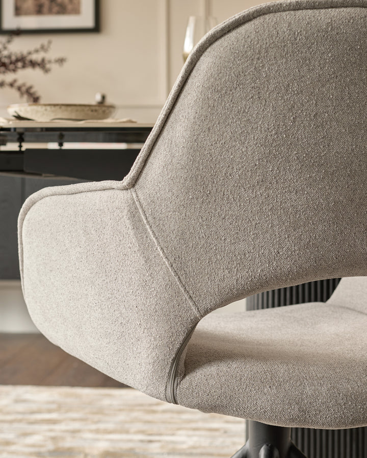 Marlow Swivel Black Metal Dining Chairs Light Grey Boucle