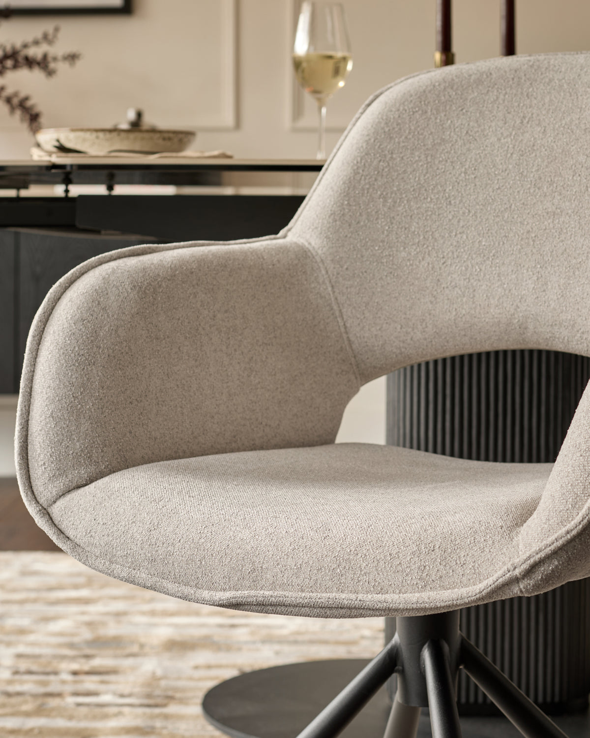Marlow Swivel Black Metal Dining Chairs Light Grey Boucle