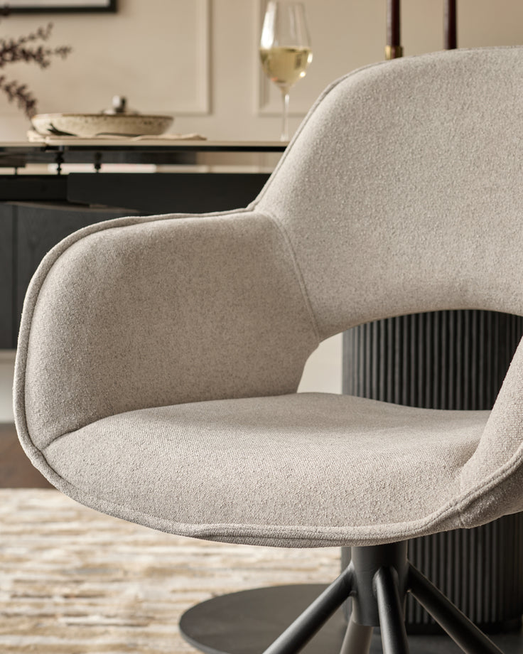 Marlow Swivel Black Metal Dining Chairs Light Grey Boucle