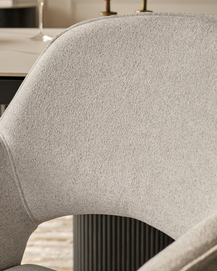 Marlow Swivel Black Metal Dining Chairs Light Grey Boucle