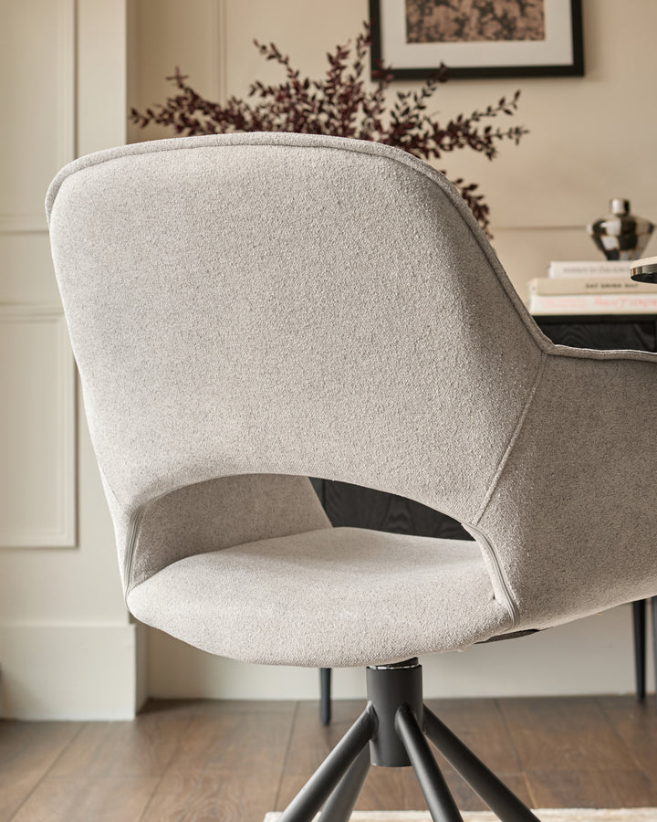 Marlow Swivel Black Metal Dining Chairs Light Grey Boucle