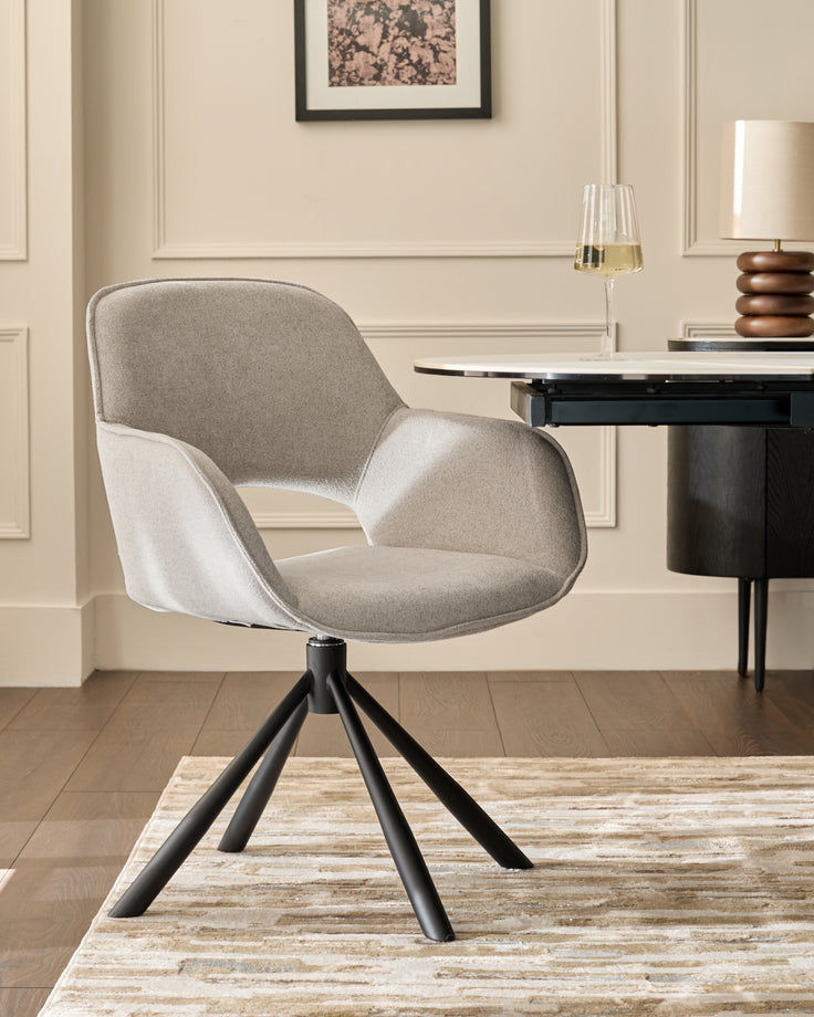 Marlow Swivel Black Metal Dining Chairs Light Grey Boucle