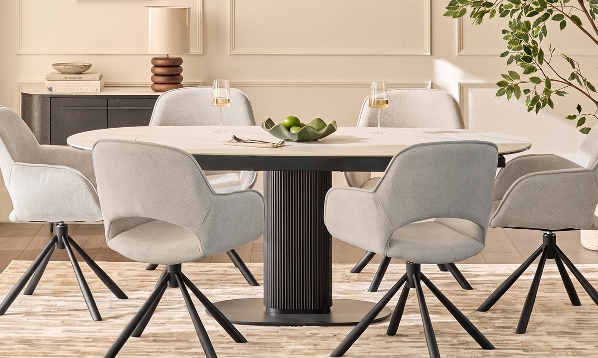 Marlow Swivel Black Metal Dining Chairs Light Grey Boucle