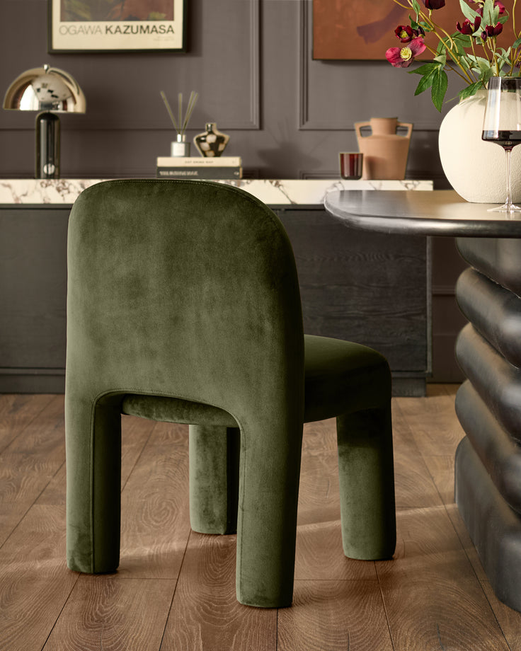 Natural ceramic 6 seater dining table with Mason olive green velvet dining chairs & left corner dining bench set
