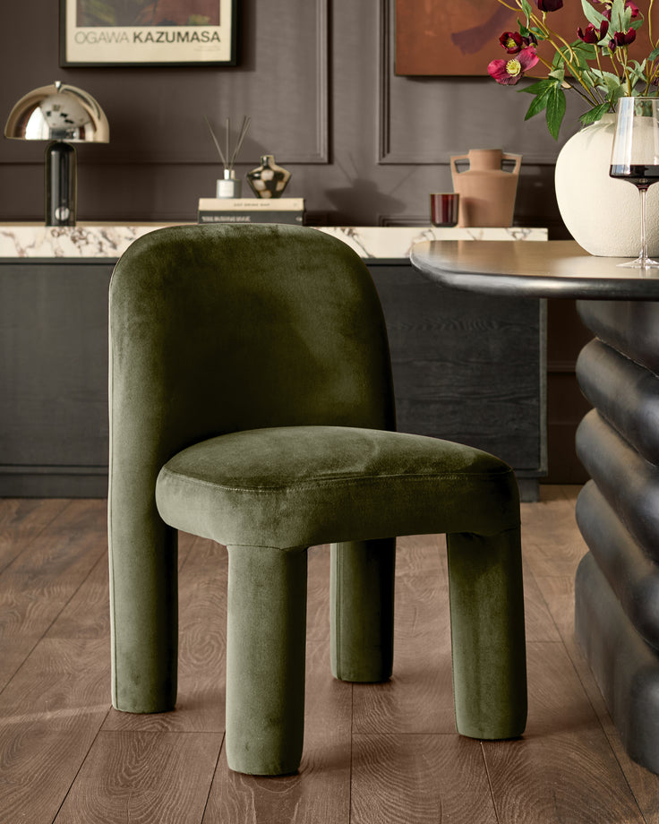 Natural ceramic 6 seater dining table with Mason olive green velvet dining chairs & left corner dining bench set