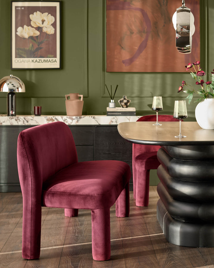 Mason 3-seater dining bench in plum velvet, shown in contemporary dining room setting