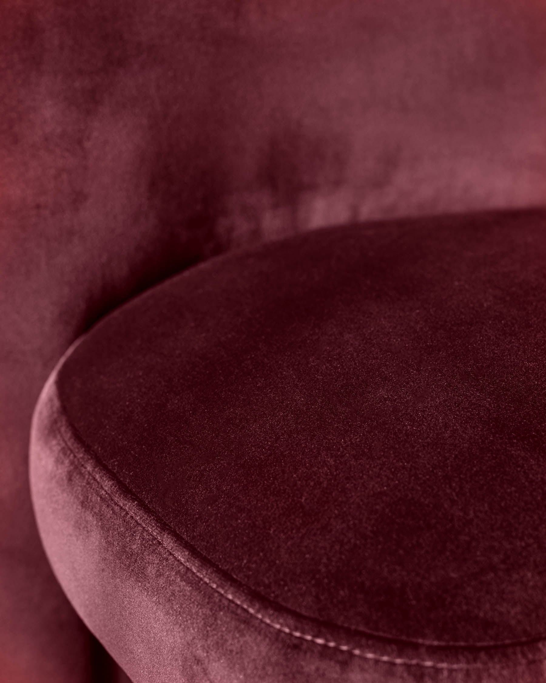 Mason dining chair in plum velvet, close-up detail showing curved backrest and seat seam.