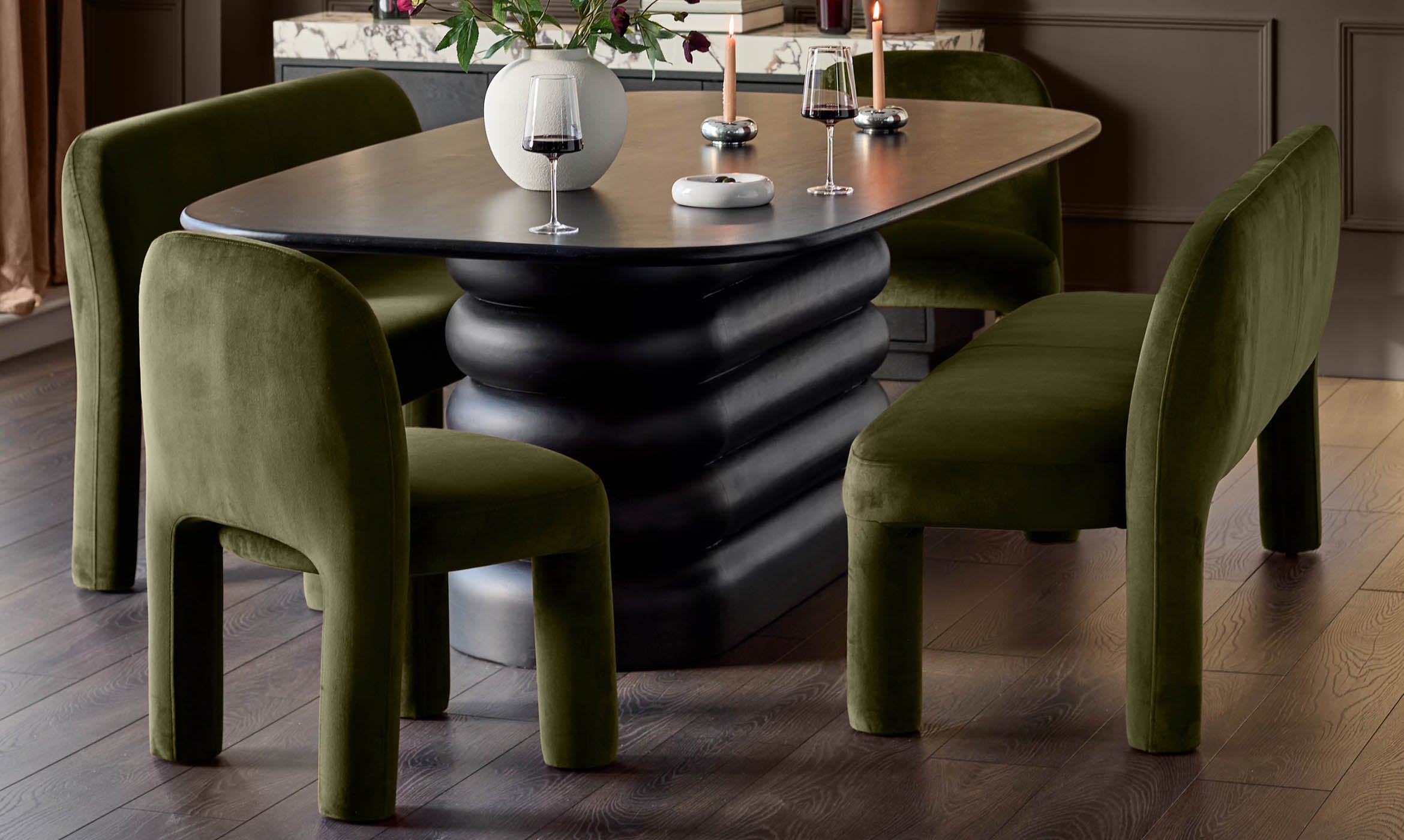 Mason olive green velvet 3 seater dining bench