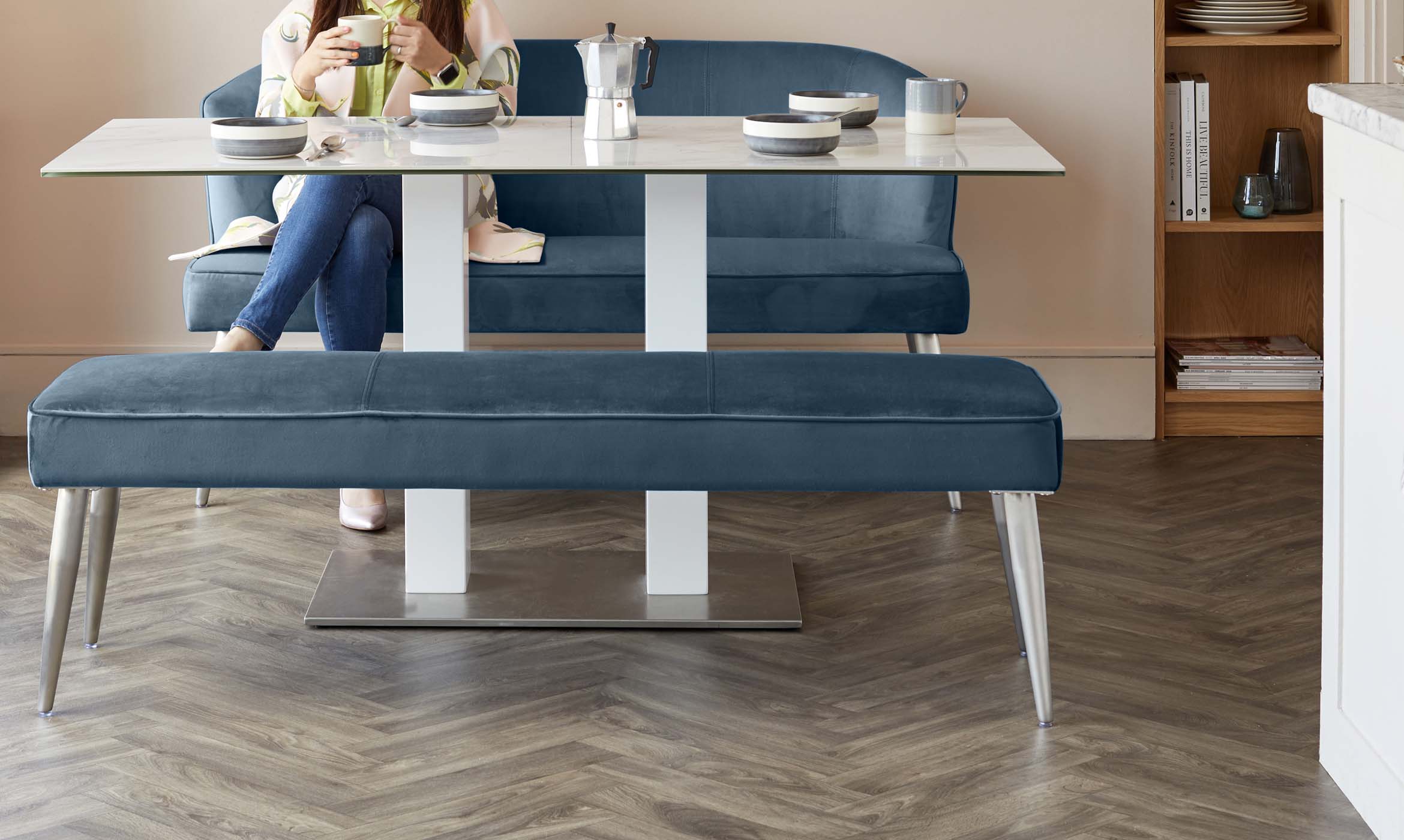 Mellow Dark Blue Velvet 3 Seater Bench Without Backrest