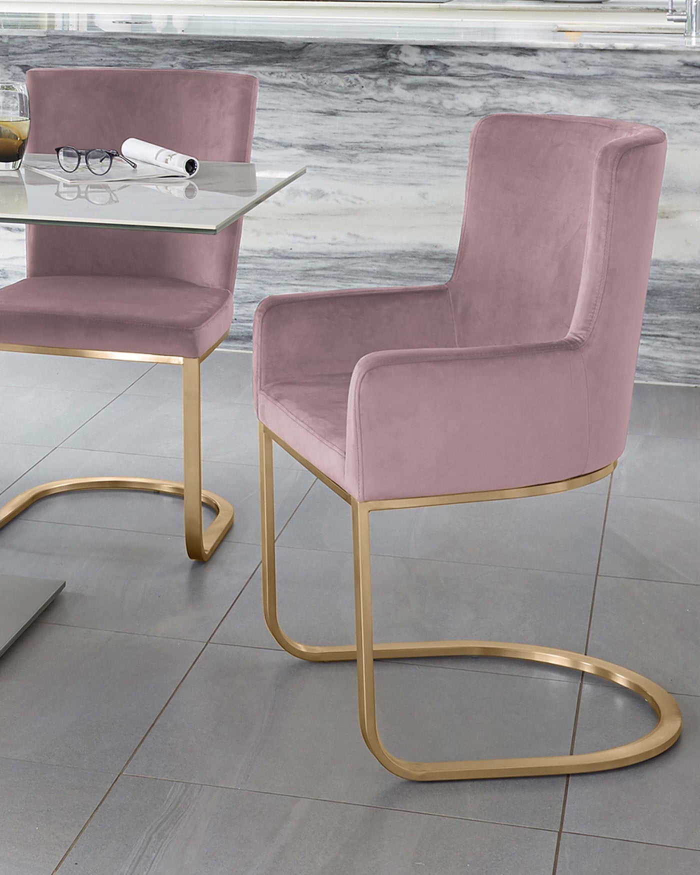 Form Blush Pink Velvet And Brass Cantilever Dining Armchair - Set Of 2