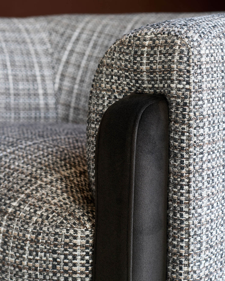 Miles occasional chair in Grey tweed fabric with black velvet trim, close-up detail view.