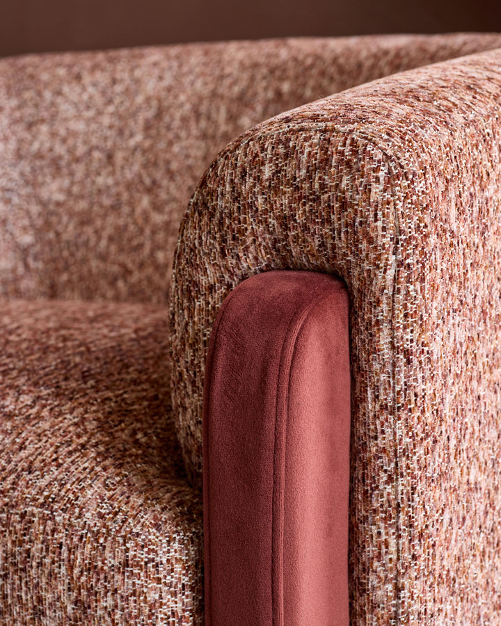 Miles Occasional Chair in toffee fabric with red velvet armrest, close-up detail view.