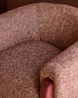 Miles Occasional Chair in toffee fabric, showing curved armrest and seat cushion detail from above.