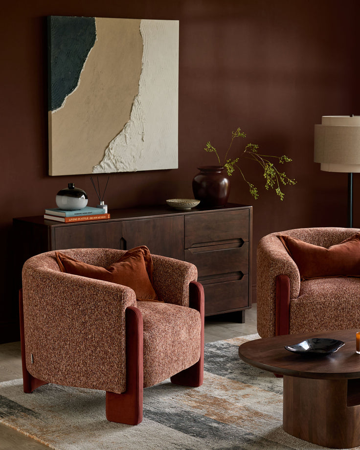 Miles occasional chair in toffee fabric with red velvet arms, displayed in a styled living room setting.