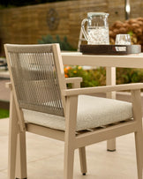 Minori natural garden dining table with 4 Minori natural dining chairs and 3 seater bench set