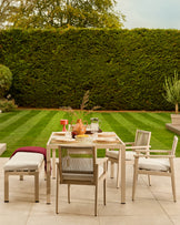 Minori natural garden dining table with 4 Minori natural dining chairs and 3 seater bench set