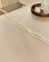 Minori natural garden dining table with 4 Minori natural dining chairs and 3 seater bench set