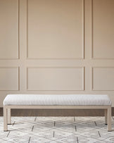 Minori Garden 3-seater dining bench with natural wood frame and light gray upholstered seat, displayed in a neutral interior setting.