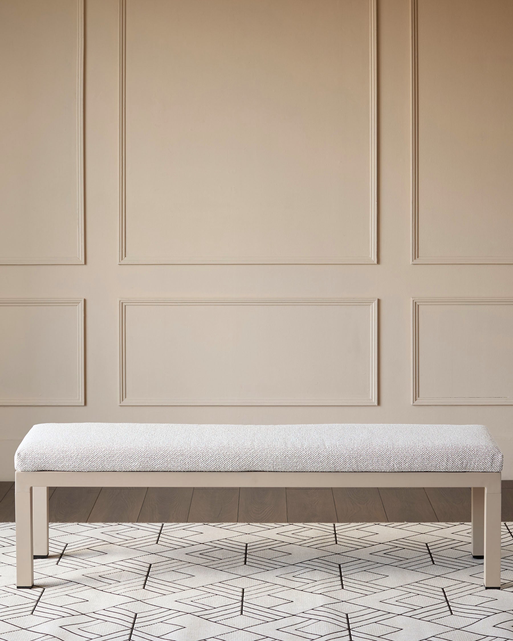 Minori Garden 3-seater dining bench with natural wood frame and light gray upholstered seat, displayed in a neutral interior setting.
