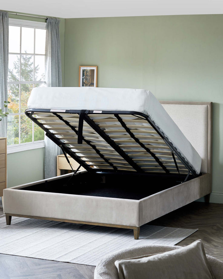 Upholstered ottoman bed base with exposed timber slats. Bedroom with rug, curtains, bedside table and window.