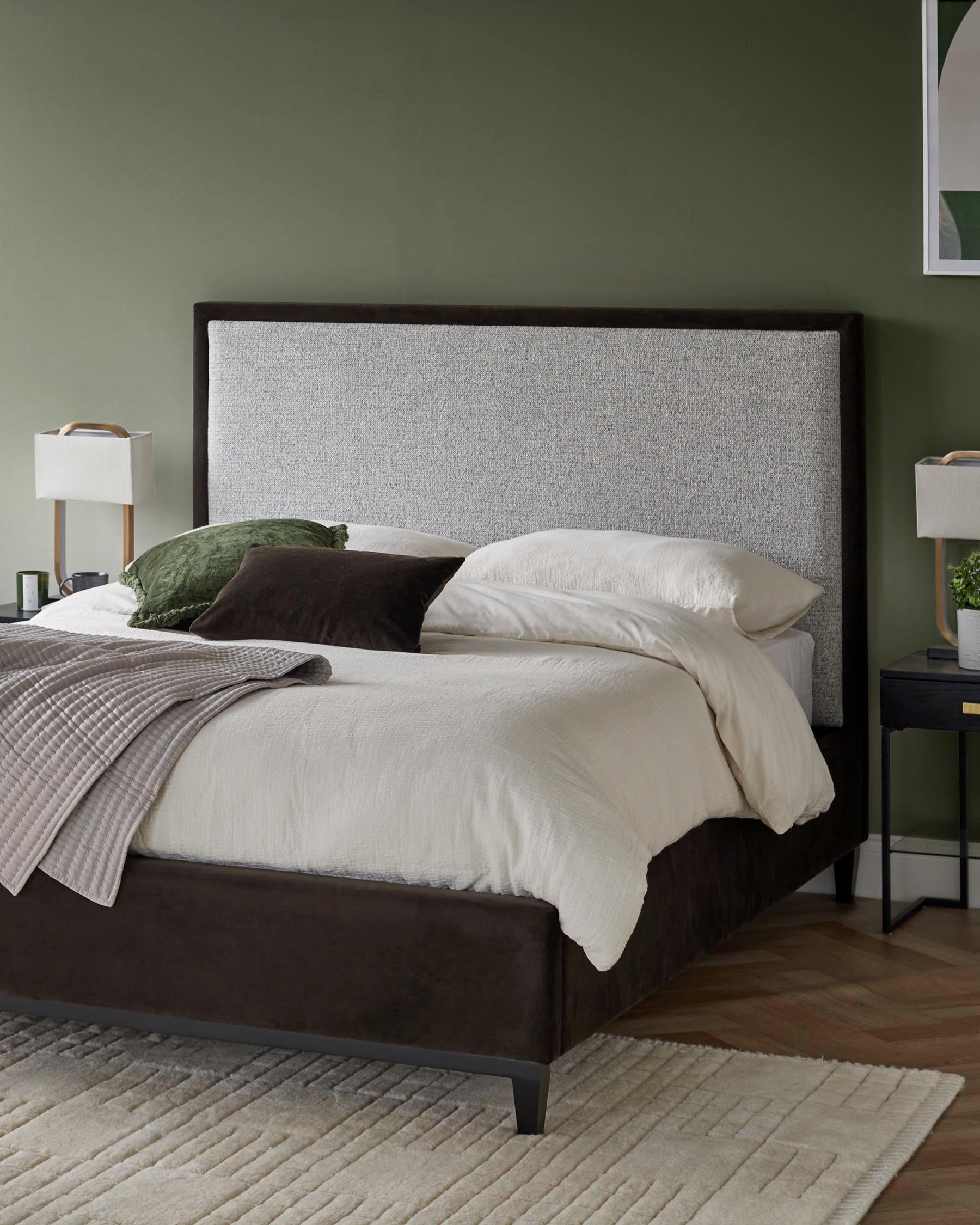 A stylish bedroom featuring a bed with a textured headboard, soft bedding, and a dark frame, complemented by matching bedside tables.