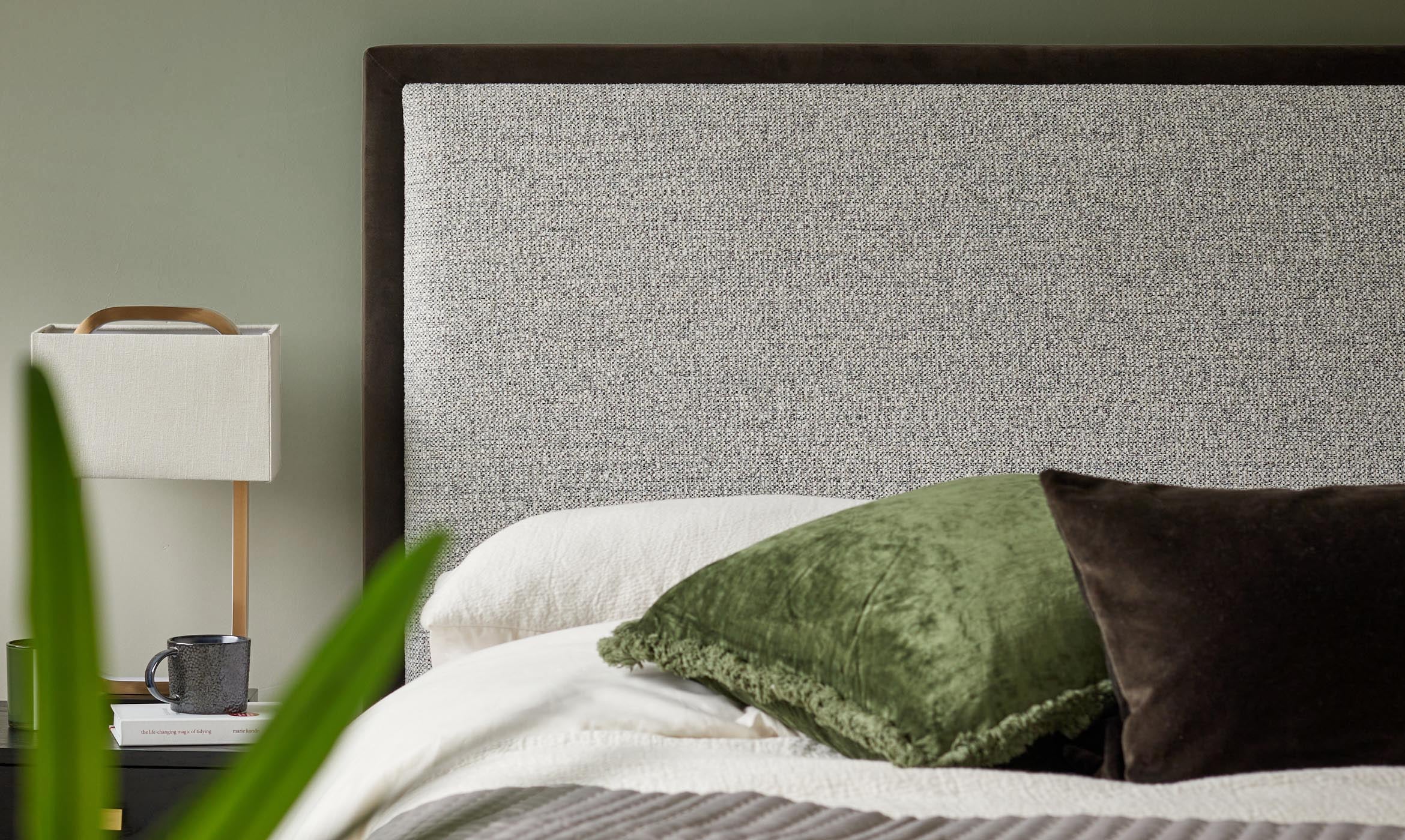 Monica grey fabric and mocha velvet king size ottoman storage bed