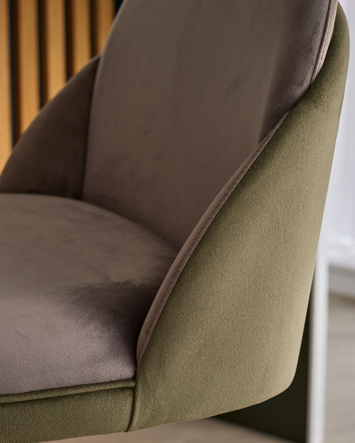 Myra gas lift bar stool in mocha and olive green velvet, side angle detail view
