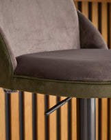 Myra gas lift bar stool in mocha and olive green velvet with metal base, side view detail.