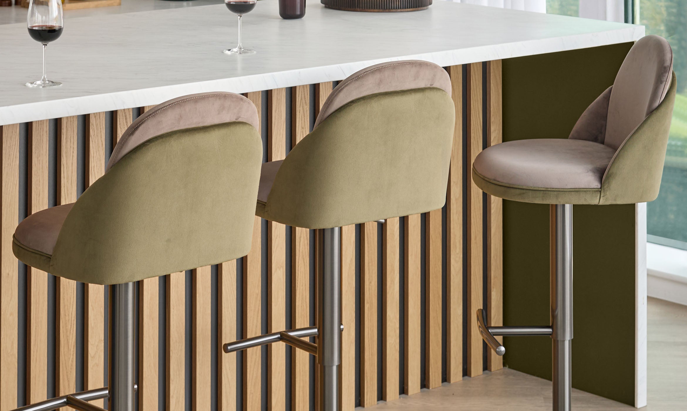 Myra olive green velvet and mocha velvet gas lift bar stool