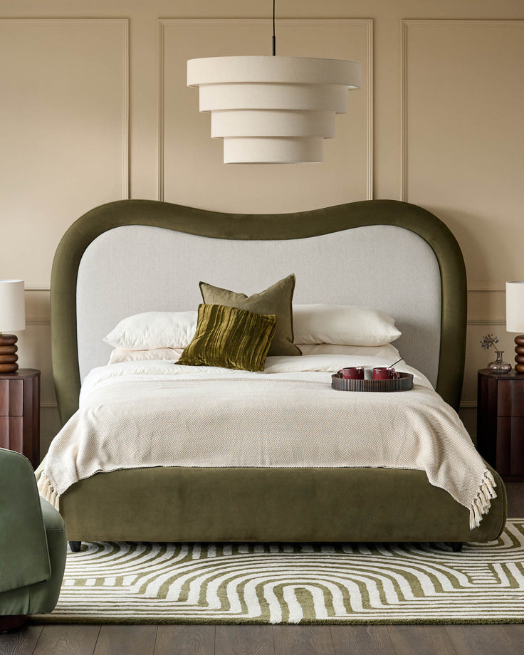 Naomi king-size ottoman bed in olive-green velvet with curved headboard and natural linen upholstered backrest.