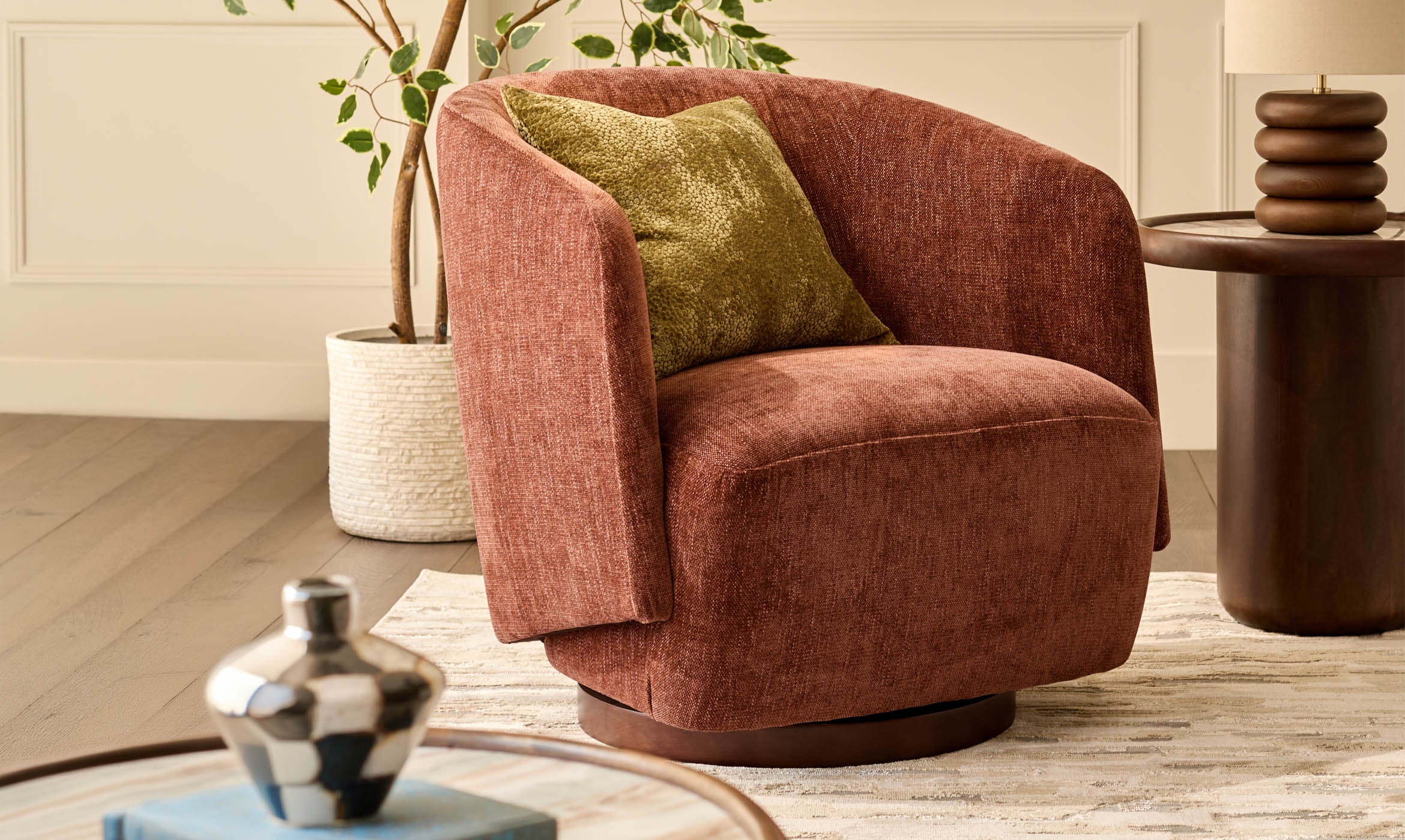 Natalia apricot chenille swivel occasional chair