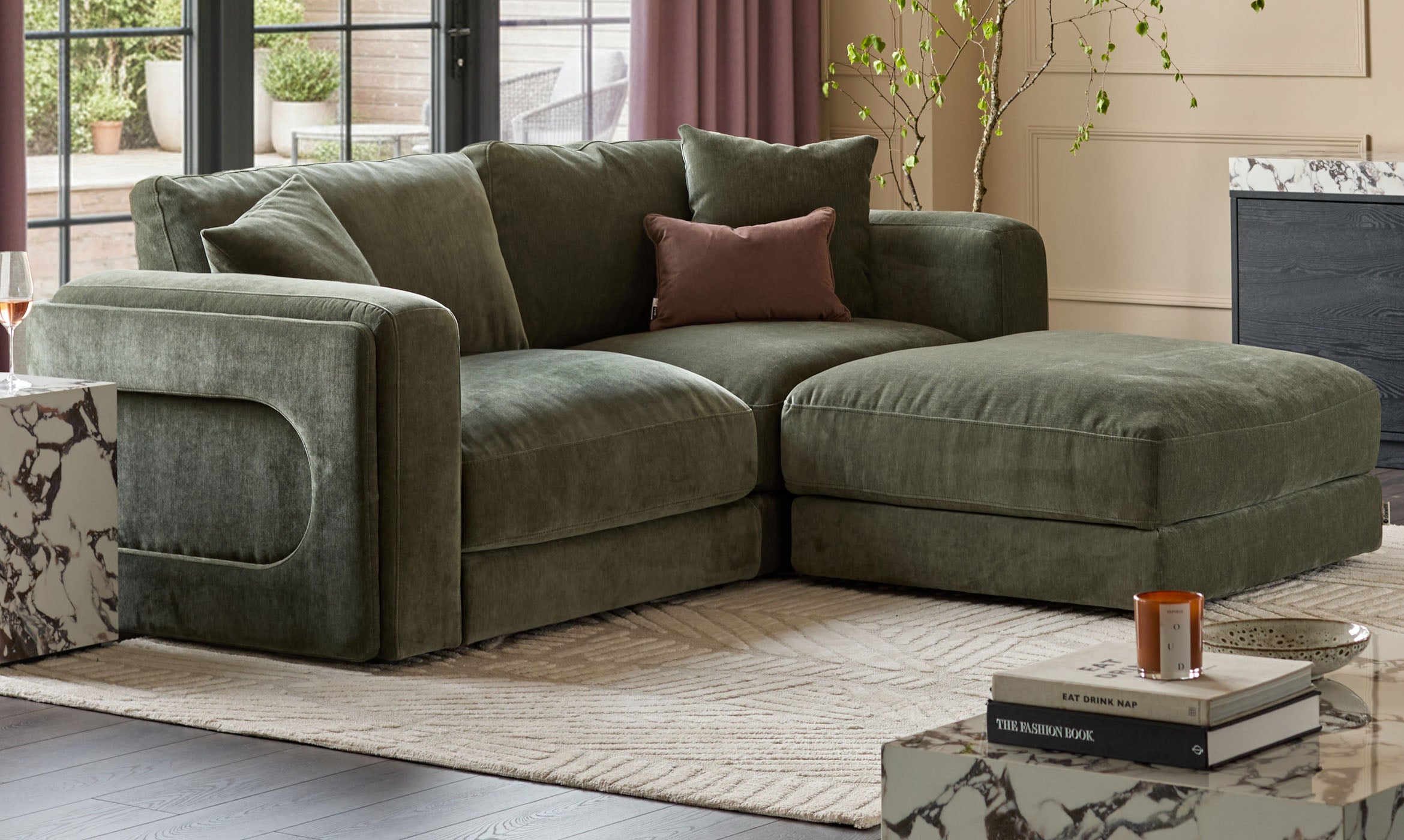 Lynetta dark green chenille 3 seater sofa with footstool