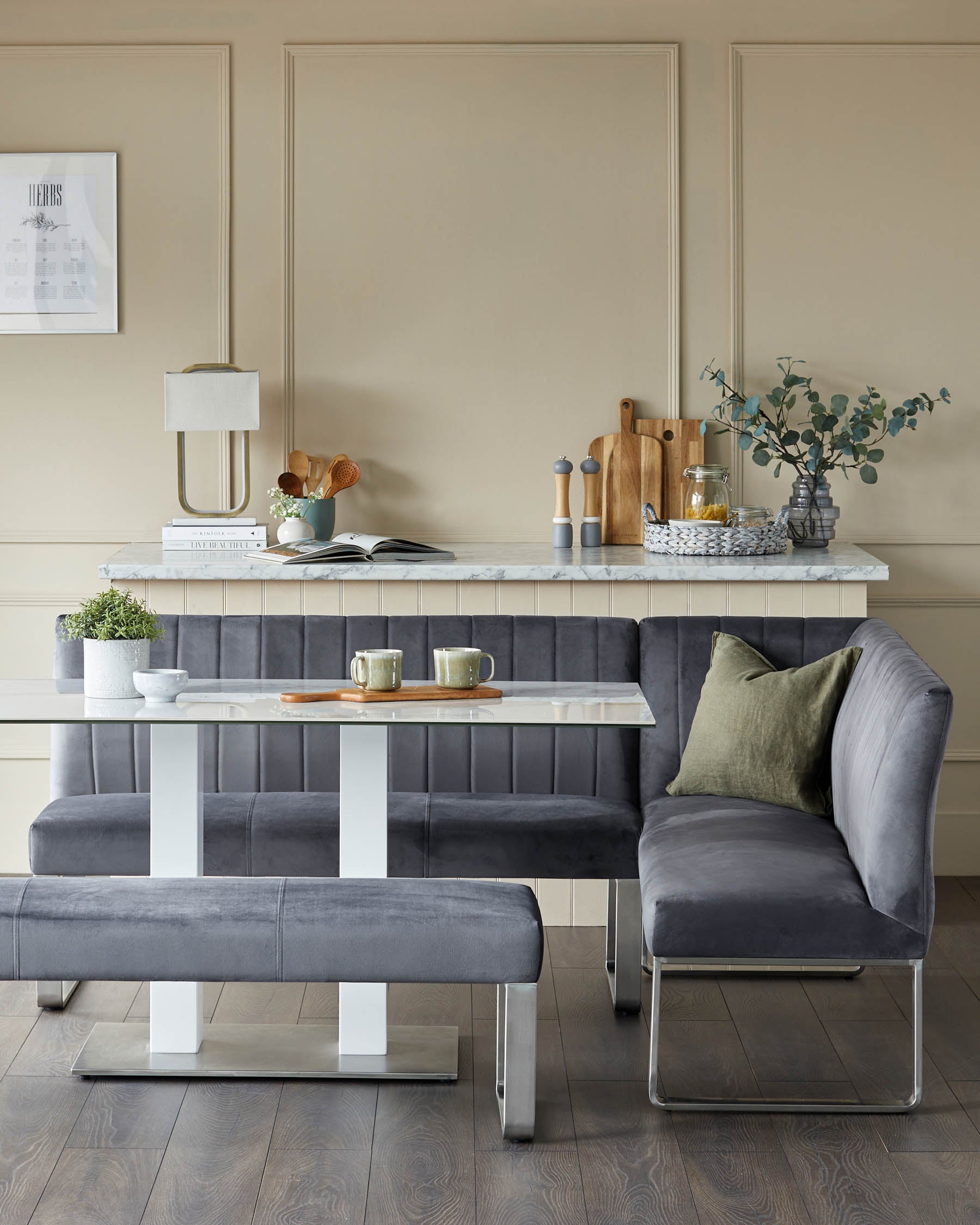 Ophelia Dark Grey Velvet Seater Left Hand Corner Dining Bench